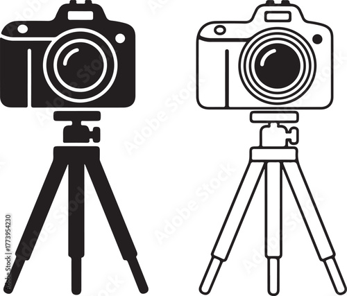 Camera and tripod icons set simple silhouettes for photography equipment visuals creative studio equipment
