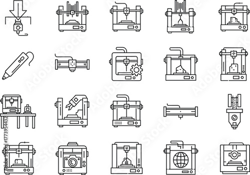3D printing icons set including printers, nozzles, filament extruders, 3D pen, print bed, robotic arm, additive manufacturing symbols