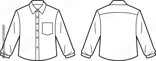 Casual long sleeve shirt flat sketch, front and back view, vector fashion drawing, apparel design template, garment technical illustration