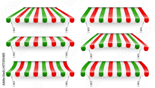 Shop sunshade with metal holder. Realistic striped cafe awning. Outdoor market tent. Roof canopy in Italian flag colors. Summer street store. Vector illustration