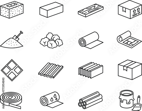Construction material line icons set, building supplies outline pack including bricks, wood planks, sand, pipes, insulation, tiles, paint bucket