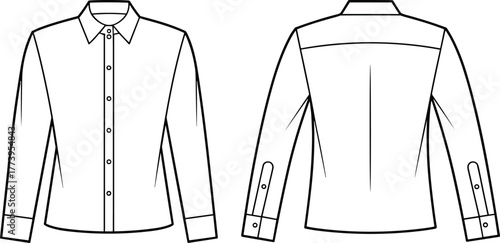 Classic long sleeve shirt technical flat sketch, front and back view, fashion CAD drawing, apparel design template, vector illustration, garment blueprint