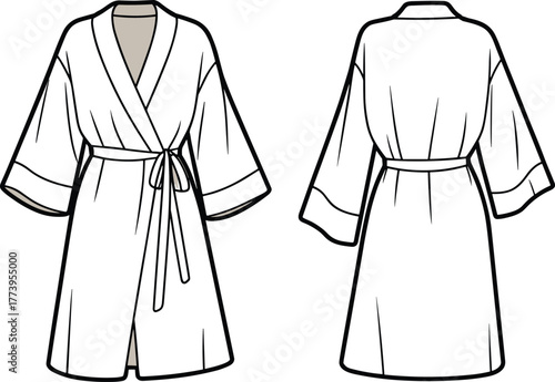 Kimono robe flat sketch, front and back view, fashion technical drawing, vector garment design template, women's wrap dress illustration