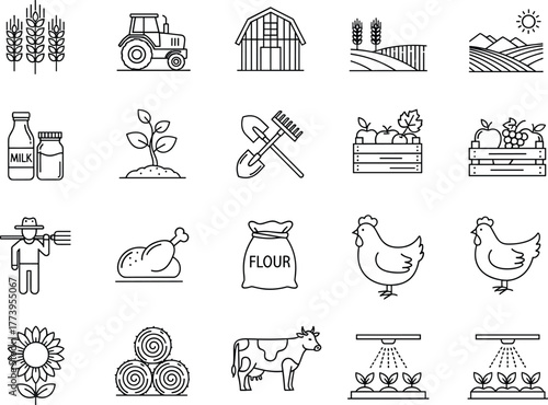 Farm and agriculture line icons, organic farming symbols, rural food production illustration, livestock, crops, harvest, agricultural industry graphic set