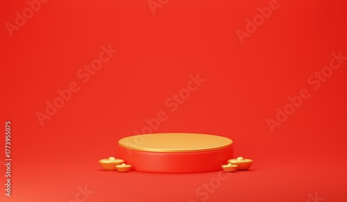 red podium with lantern chinese new year and gift box product stand podium 3d rendering cny backgroung