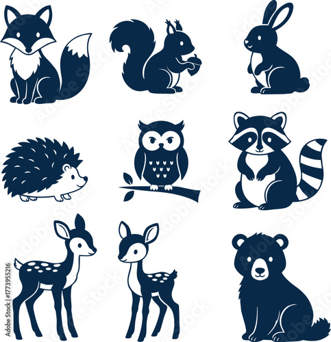 Bundle of 8 Cute Woodland Animals – Fox, Squirrel, Rabbit, Hedgehog, Owl, Raccoon, Deer, Bear Cub Silhouette, Vector [Recovered]