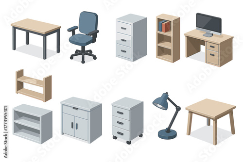 Vector illustration in flat cartoon style (with color fill + soft shadows), consisting of 12 icons of office furniture and accessories in a modern functional style.