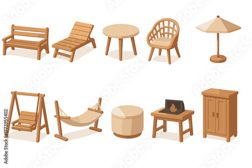 Vector illustration in flat cartoon style (with color fill + soft shadows), consisting of 10 icons of garden furniture and accessories.