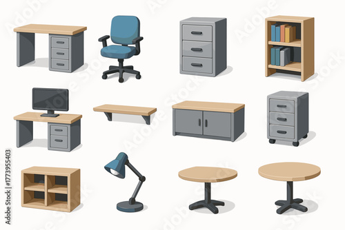 Vector illustration in flat cartoon style (with color fill + soft shadows), consisting of 12 icons of office furniture and accessories in a modern functional style.