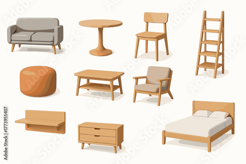 Vector illustration in flat cartoon style (with color fill + soft shadows), consisting of 10 furniture icons in Scandinavian/mid-century style. 