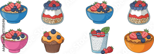 healthy breakfast bowl and dessert illustration, yogurt parfait, granola, muffin, chia pudding, fruit topping vector set, delicious food art