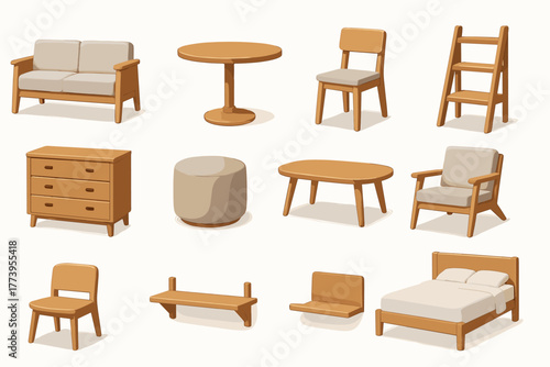 Vector illustration in flat cartoon style (with color fill + soft shadows), consisting of 10 furniture icons in Scandinavian/mid-century style. 