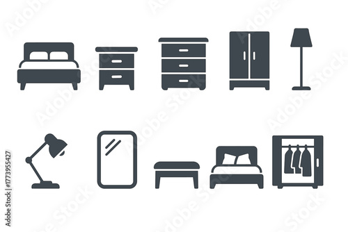 A silhouette vector illustration in flat icon style (completely black fill, no outlines or details), consisting of 10 icons of bedroom furniture and accessories.