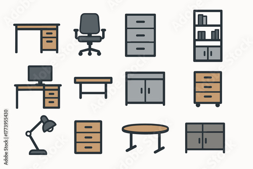 Vector illustration in flat cartoon style (with color fill + soft shadows), consisting of 10 icons of office furniture and equipment in a minimalist style.