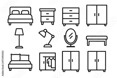 Minimalist vector illustration in line art style (black outlines, no fill), consisting of 12 icons of bedroom furniture and accessories.