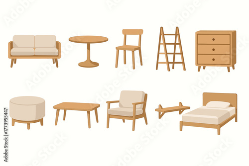 Vector illustration in flat cartoon style (with color fill + soft shadows), consisting of 10 furniture icons in Scandinavian/mid-century style. 