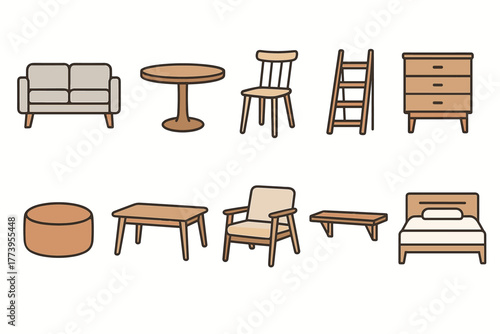 Vector illustration in flat cartoon style (with color fill + soft shadows), consisting of 10 furniture icons in Scandinavian/mid-century style. 