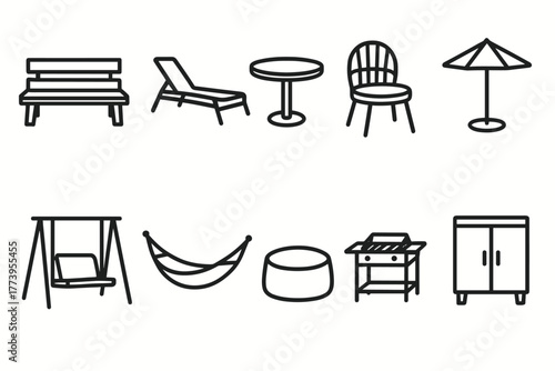 Minimalist vector illustration in line art style (black outlines, no fill), consisting of 10 icons of garden/street furniture and accessories.