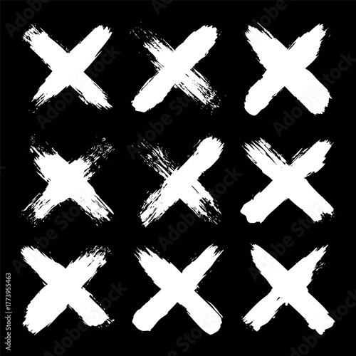 Grunge crosses, brush strokes, x mark, lines, ink smudges, hand-drawn scribble shapes. Handmade sketchy marks, acrylic stains, charcoal streaks. Paint textures, dry brush effect. Vector illustration