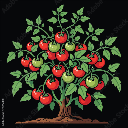Cartoon tomato plant with ripe and unripe fruits against a black studio background shot