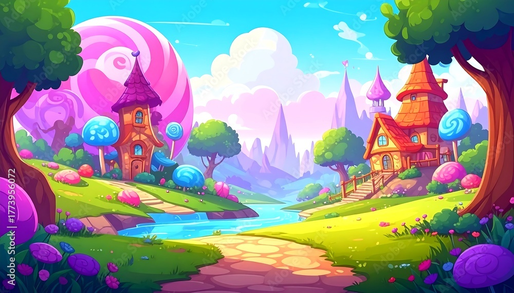 Fototapeta premium Colorful Fantasy Landscape with Whimsical Houses.