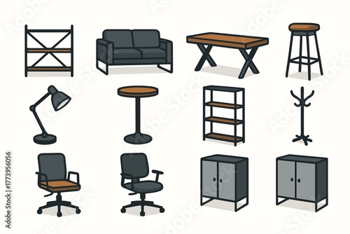The vector illustration consists of 16 separate icons in line art style, depicting a set of office or home furniture and accessories.