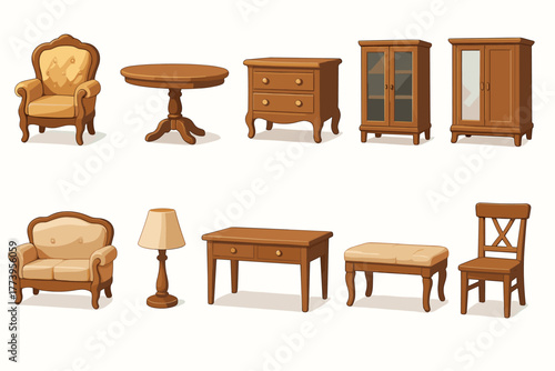 A flat cartoon-style vector illustration (with color fill) consisting of 10 icons of classic furniture in a traditional style.