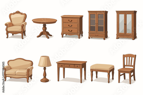 A flat cartoon-style vector illustration (with color fill) consisting of 10 icons of classic furniture in a traditional style.