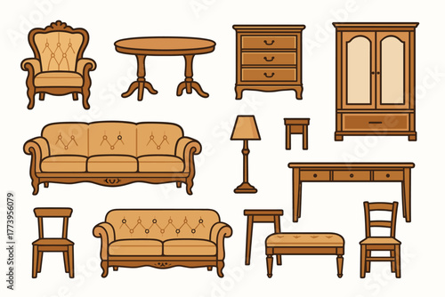 A flat cartoon-style vector illustration (with color fill) consisting of 10 icons of classic furniture in a traditional style.