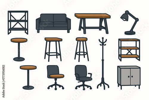 The vector illustration consists of 16 separate icons in line art style, depicting a set of office or home furniture and accessories.