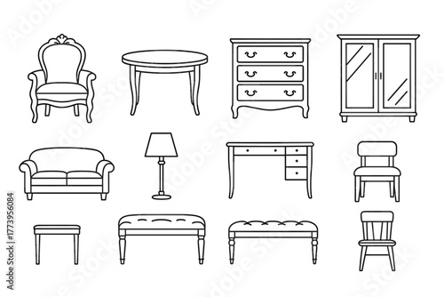 Minimalist vector illustration in line art style (black outlines, no fill), consisting of 10 icons of classic furniture in vintage/traditional style.