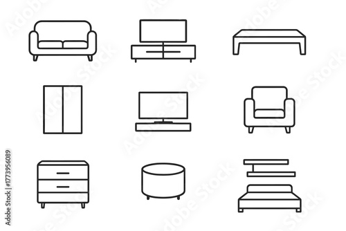 Minimalist vector illustration in line art style (black outlines, no fill), consisting of 10 icons of modern living room furniture.