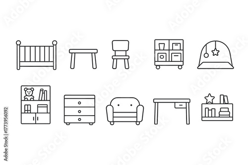 10 line art icons (black outlines, no fill) of children's furniture and accessories.