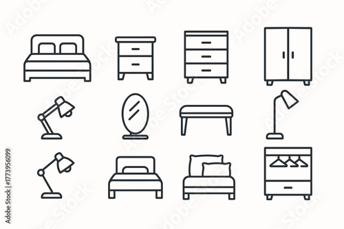 12 line art icons (black outlines, no fill) of bedroom furniture and accessories.