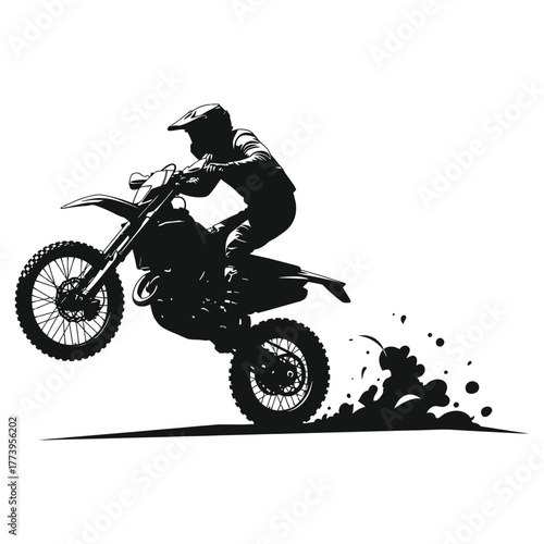 Silhouette of a motocross rider performing a wheelie on a dirt bike against a white background