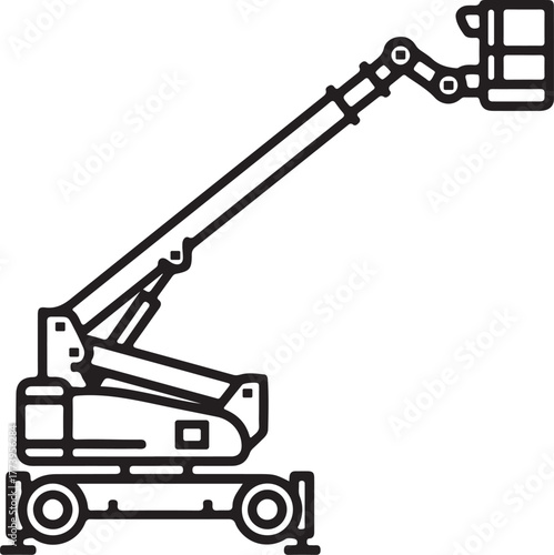 Industrial boom lift icon for construction aerial work platform equipment line art symbol representing heavy machinery and elevated access for tasks