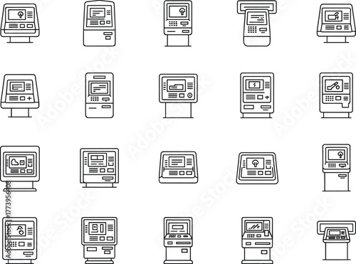 ATM machine icons, banking kiosk interface, financial terminal line art, automated teller device illustration, digital banking and payment technology symbols