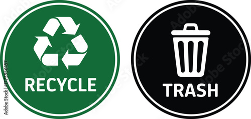Recycle and Trash Icons Set Green Recycling Symbol and Black Garbage Can Vector