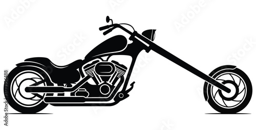 Silhouette of a classic chopper motorcycle with extended forks against a white background