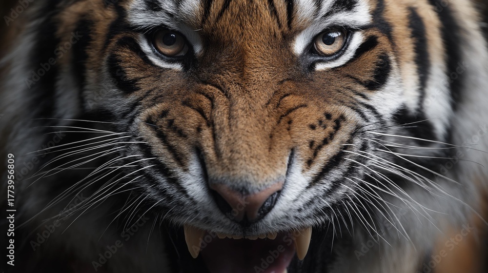 Fototapeta premium Fierce tiger roaring in captive environment wildlife photography close-up perspective animal behavior nature's majesty