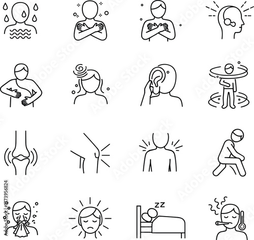 Medical symptoms line icons collection, human body illness signs, fever, dizziness, sore joints, coughing, fatigue, flu and cold indicators