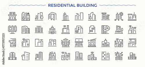 Residential Building icon set. Modern icons collection. Construction vector line icon set. Contains such symbols as town, build, architecture, residential, office and more.