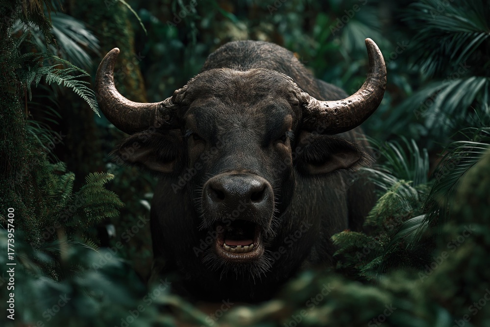 Naklejka premium Wild water buffalo roaming in lush jungle nature photography close-up shot dense greenery captivating wildlife concept