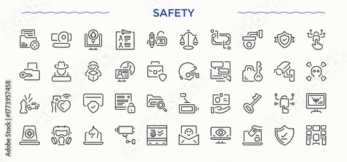 Safety line icon set. Featuring prevention, protection, security, safe and more. Safe icon set. Minimal linear icons. Vector illustration. Pixel perfect.