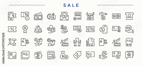 Sale icon set. Related to promotion, web, ad, e-commerce, online sales and more. Business linear icon collection. Outline icons collection. Editable stroke collections.