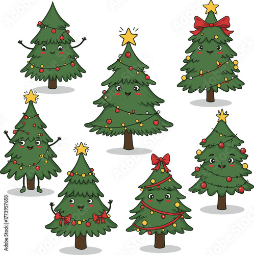 Isolated set of green Christmas trees with star and ball decoration for winter holiday celebration