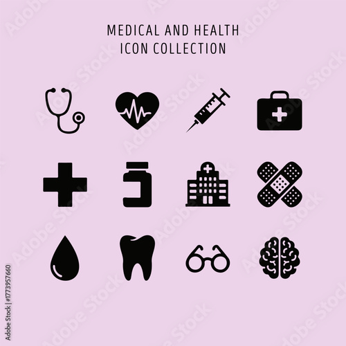 Medical and health icon collection with stethoscope, heart, syringe, and first aid kit.