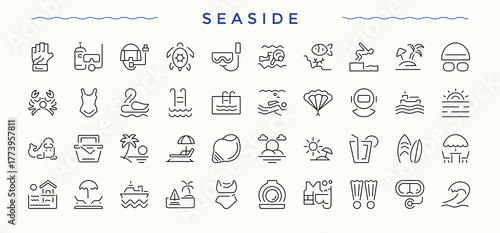 Seaside icon set. It contains symbols to beach, sea, summer, seaside, vacation, river and more. Sea Beach icon set. Pixel perfect. Editable stroke.