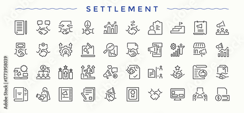 Settlement icon pack. Minimalist linear icons. Relationship icon set. Featuring contract, handshake, relationship, deal, partner, agree, cooperation and more.