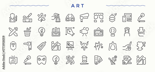Art modern icon set. Minimal thin line web icons set. Vector artwork and illustration. Antiques simple icon set. Pack of antiquity, exhibit, antiques, archaeologic, mediaeval and more.